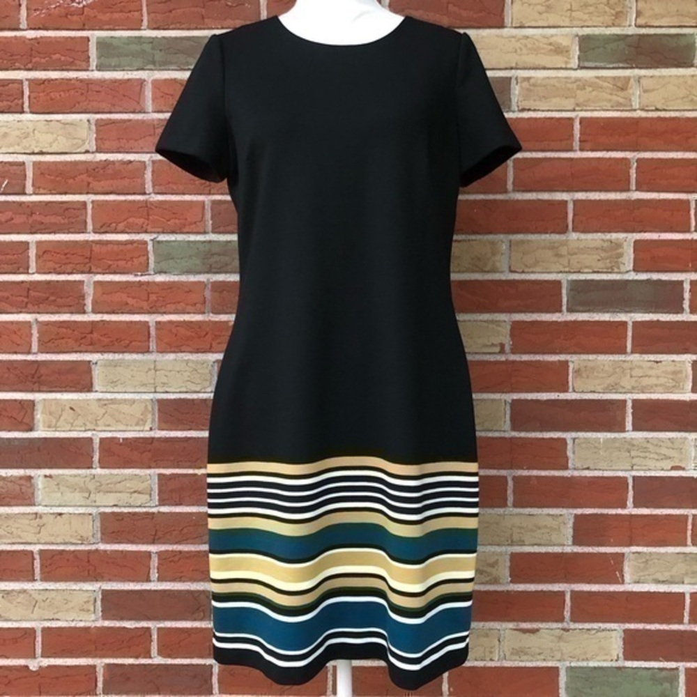 Calvin Klein Striped Black Yellow Round Neck Short Sleeve Mini Dress 👗